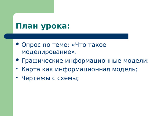 Опрос по теме: «Что такое моделирование». Графические информационные модели: Карта как информационная модель; Чертежы с схемы;  