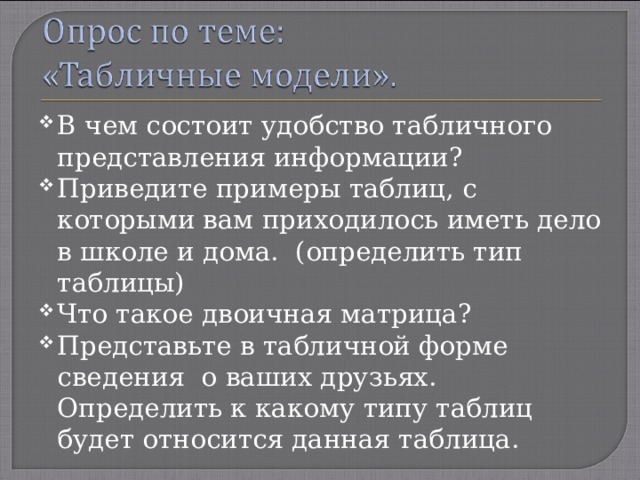 В чем состоит удобство табличного представления информации? Приведите примеры таблиц, с которыми вам приходилось иметь дело в школе и дома. (определить тип таблицы) Что такое двоичная матрица? Представьте в табличной форме сведения о ваших друзьях. Определить к какому типу таблиц будет относится данная таблица. 