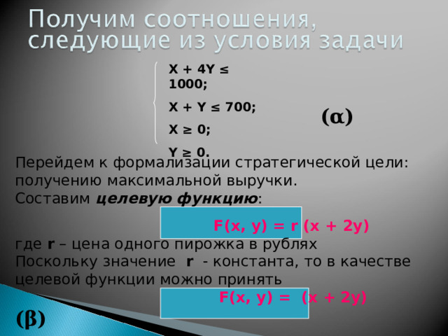 X + 4Y ≤ 1000; X + Y ≤ 700; X ≥ 0; Y ≥ 0. ( α ) Перейдем к формализации стратегической цели: получению максимальной выручки. Составим целевую функцию :  F(x, y) = r  (x + 2y)  где r  – цена одного пирожка в рублях Поскольку значение r  - константа, то в качестве целевой функции можно принять  F(x, y) =  (x + 2y)  ( β ) 