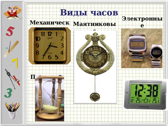 Виды часов Электронные Механические Маятниковые  Песочные 