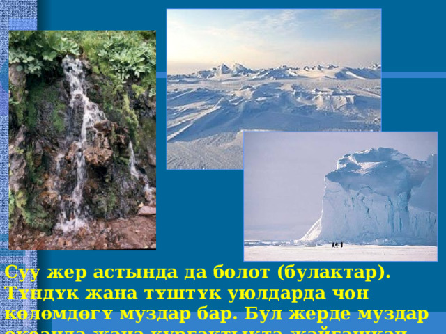 Суу жер астында да болот (булактар). Тʏндʏк жана тʏштʏк уюлдарда чон кɵлɵмдɵгʏ муздар бар. Бул жерде муздар океанда жана кургактыкта жайгашкан. 