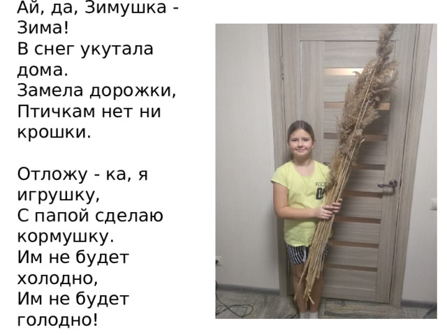 Ай, да, Зимушка - Зима!  В снег укутала дома.  Замела дорожки,  Птичкам нет ни крошки.   Отложу - ка, я игрушку,  С папой сделаю кормушку.  Им не будет холодно,  Им не будет голодно! 