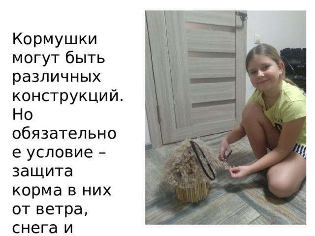 Кормушки могут быть различных конструкций. Но обязательное условие – защита корма в них от ветра, снега и дождя. 