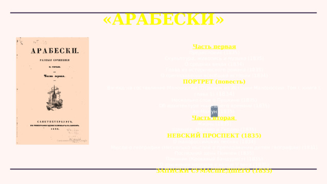 «Арабески» Часть первая Предисловие (1835) Скульптура, живопись и музыка (1835) О средних веках (1834) Глава из исторического романа (1835) О преподавании всеобщей истории (1834) ПОРТРЕТ (повесть) Взгляд на составление Малороссии (Отрывок из Истории Малороссии. Том I, книга I, глава 1) (1834) Несколько слов о Пушкине (1835) Об архитектуре нынешнего времени (1835) Ал-Мамун (1835)  Часть вторая  Жизнь (1835) Шлецер, Миллер и Гердер (1835) НЕВСКИЙ ПРОСПЕКТ (1835) О малороссийских песнях (1834) Мысли о географии (Несколько мыслей о преподавании детям географии) (1831) Последний день Помпеи (1835) Пленник (Кровавый бандурист) (1835) О движении народов в конце V века (1835) ЗАПИСКИ СУМАСШЕДШЕГО (1835) 