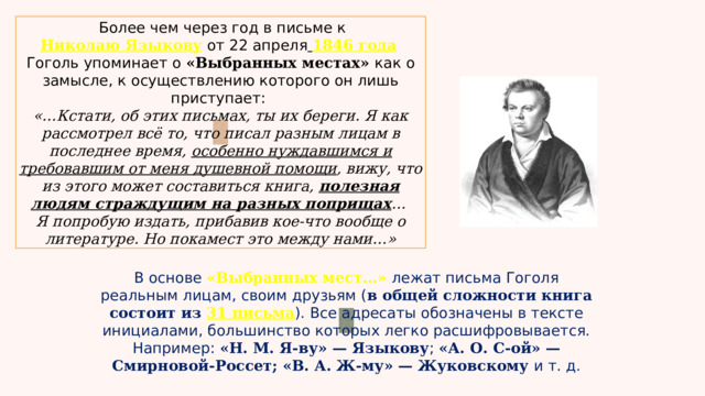   Более чем через год в письме к Николаю Языкову  от 22 апреля   1846 года   Гоголь упоминает о «Выбранных местах» как о замысле, к осуществлению которого он лишь приступает: «…Кстати, об этих письмах, ты их береги. Я как рассмотрел всё то, что писал разным лицам в последнее время, особенно нуждавшимся и требовавшим от меня душевной помощи , вижу, что из этого может составиться книга, полезная людям страждущим на разных поприщах … Я попробую издать, прибавив кое-что вообще о литературе. Но покамест это между нами…» В основе «Выбранных мест…» лежат письма Гоголя реальным лицам, своим друзьям ( в общей сложности книга состоит из 31 письма ). Все адресаты обозначены в тексте инициалами, большинство которых легко расшифровывается. Например: «Н. М. Я-ву» — Языкову ; «А. О. С-ой» — Смирновой-Россет; «В. А. Ж-му» — Жуковскому и т. д. 