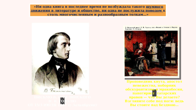   «Ни одна книга в последнее время не возбуждала такого шумного движения в литературе и обществе, ни одна не послужила поводом к столь многочисленным и разнообразным толкам…» Проповедник кнута, апостол невежества, поборник обскурантизма и мракобесия, панегирист татарских нравов — что Вы делаете? Взгляните себе под ноги: ведь Вы стоите над бездною… ПИСЬМО В. Г. БЕЛИНСКОГО Н. В. ГОГОЛЮ  ОТ 15/3 ИЮЛЯ 1847 (г.Зальцбрунн) 