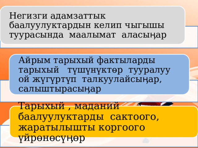 Негизги адамзаттык баалуулуктардын келип чыгышы туурасында маалымат аласыӊар Айрым тарыхый фактыларды тарыхый түшүнүкт өр тууралуу ой жүгүртүп талкуулайсыӊар, салыштырасыӊар Тарыхый , маданий баалуулуктарды сактоого, жаратылышты коргоого үйр өнөсүӊөр 