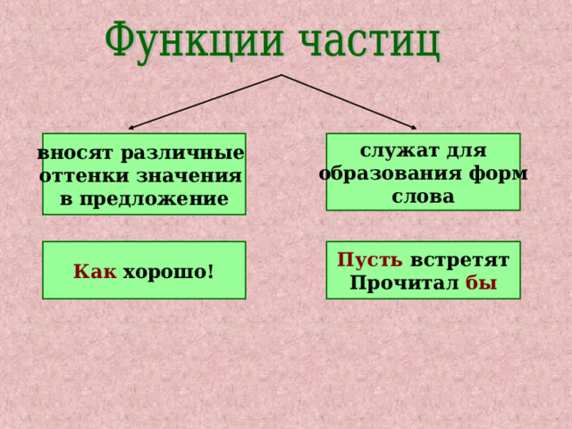 вносят различные оттенки значения в предложение служат для образования форм слова Как хорошо! Пусть встретят Прочитал бы 
