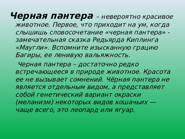 Черная пантера – невероятно красивое животное. Первое, что приходит на ум, когда слышишь словосочетание «черная пантера» - замечательная сказка Редьярда Киплинга «Маугли». Вспомните изысканную грацию Багиры, ее ленивую вальяжность.  Черная пантера – достаточно редко встречающееся в природе животное. Красота ее не вызывает сомнений. Чёрная пантера не является отдельным видом, а представляет собой генетический вариант окраски (меланизм) некоторых видов кошачьих — чаще всего, это леопард или ягуар. 