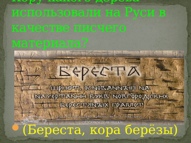 Кору какого дерева использовали на Руси в качестве писчего материала? (Береста, кора берёзы) 