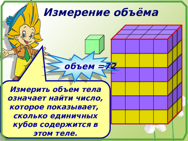 Измерение объёма объем =72 Измерить объем тела означает найти число, которое показывает,  сколько единичных кубов содержится в этом теле. 
