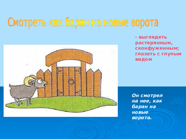 - выглядеть растерянным, сконфуженным; глазеть с глупым видом  Он смотрел на нее, как баран на новые ворота. 