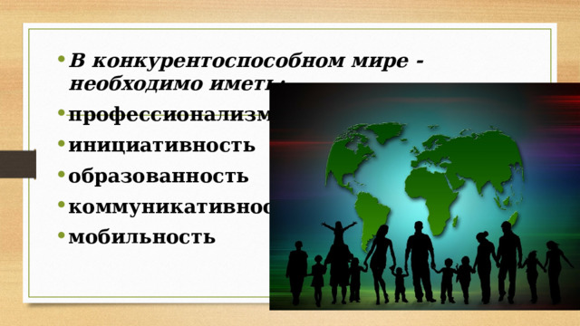 В конкурентоспособном мире - необходимо иметь: профессионализм инициативность образованность коммуникативность мобильность 