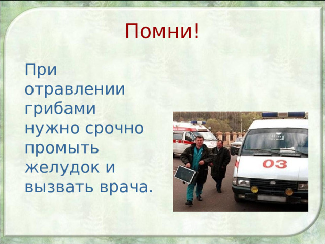 Помни!  При отравлении грибами нужно срочно промыть желудок и вызвать врача. 