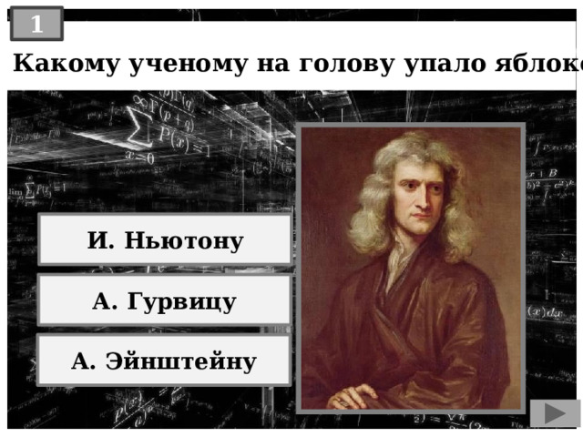 1 Какому ученому на голову упало яблоко? И. Ньютону А. Гурвицу А. Эйнштейну 