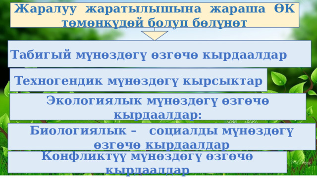 Жаралуу жаратылышына жараша ӨК төмөнкүдөй болуп бөлүнөт Табигый мүнөздөгү өзгөчө кырдаалдар Техногендик мүнөздөгү кырсыктар Экологиялык мүнөздөгү өзгөчө кырдаалдар: Биологиялык – социалды мүнөздөгү өзгөчө кырдаалдар Конфликтүү мүнөздөгү өзгөчө кырдаалдар 