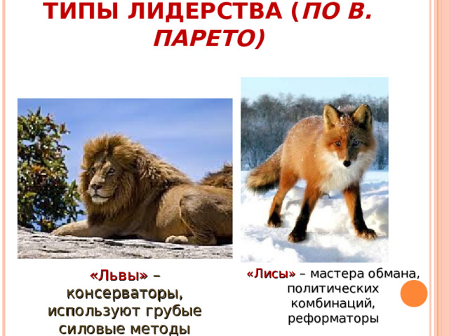 ТИПЫ ЛИДЕРСТВА ( ПО В. ПАРЕТО) «Львы» – консерваторы, используют грубые силовые методы «Лисы» – мастера обмана, политических комбинаций, реформаторы  