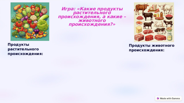  Игра: «Какие продукты растительного происхождения, а какие – животного происхождения ?» Продукты растительного происхождения: Продукты животного происхождения: 