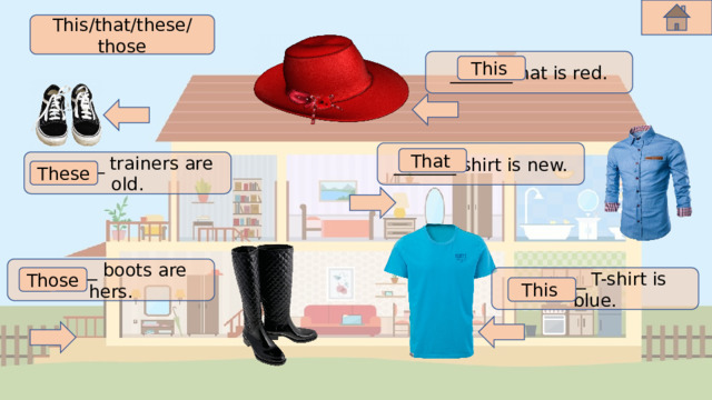 This/that/these/those _______ hat is red. This  _______ shirt is new. That  _______ trainers are old. These  _______ boots are hers. Those  _______ T-shirt is blue. This  