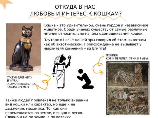 ОТКУДА В НАС ЛЮБОВЬ И ИНТЕРЕС К КОШКАМ? Кошка – это удивительной, очень гордое и независимое животное. Среди ученых существуют самые различные мнения относительно начала одомашнивания кошек. Плутарх в I веке нашей эры говорил об этом животном как об экзотическом. Происхождение не вызывает у мыслителя сомнений – из Египта! ПОМПЕЯ. КОТ И ПЕРЕПЕЛ. УТКИ И РЫБЫ. СТАТУЯ ДРЕВНЕГО ЕГИПТА, СОХРАНИВШАЯСЯ ДО НАШИХ ВРЕМЕН. Также людей привлекал не только внешний вид кошки или характер, но еще и ее движения, механика. То, как они перемещаются по земле, изящно и легко. Словно и не по земле, а по воздуху 