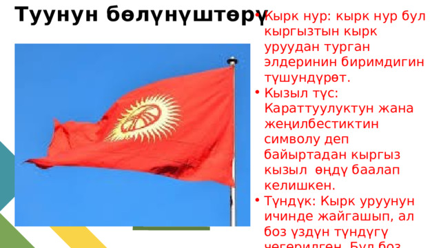 Туунун бөлүнүштөрү Кырк нур: кырк нур бул кыргызтын кырк уруудан турган элдеринин биримдигин түшундүрөт. Кызыл түс: Караттуулуктун жана жеңилбестиктин символу деп байыртадан кыргыз кызыл өңдү баалап келишкен. Түндүк: Кырк уруунун ичинде жайгашып, ал боз үздүн түндүгү чегерилген. Бул боз кыргыздын танып кетпеген байыркы улуттук үйү экенин билгизип турат 