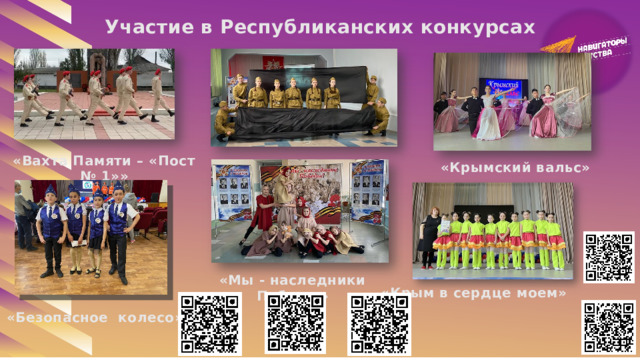 Участие в Республиканских конкурсах «Вахта Памяти – «Пост № 1»» «Крымский вальс» «Мы - наследники Победы» «Крым в сердце моем» «Безопасное колесо» 
