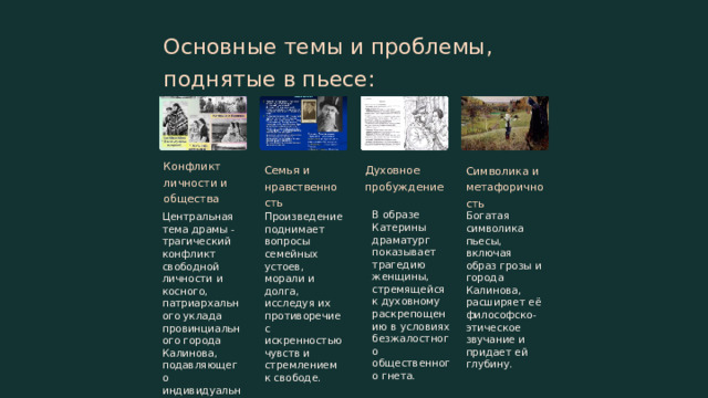 Основные темы и проблемы, поднятые в пьесе: Конфликт личности и общества Семья и нравственность Духовное пробуждение Символика и метафоричность В образе Катерины драматург показывает трагедию женщины, стремящейся к духовному раскрепощению в условиях безжалостного общественного гнета. Богатая символика пьесы, включая образ грозы и города Калинова, расширяет её философско-этическое звучание и придает ей глубину. Центральная тема драмы - трагический конфликт свободной личности и косного, патриархального уклада провинциального города Калинова, подавляющего индивидуальность. Произведение поднимает вопросы семейных устоев, морали и долга, исследуя их противоречие с искренностью чувств и стремлением к свободе.  