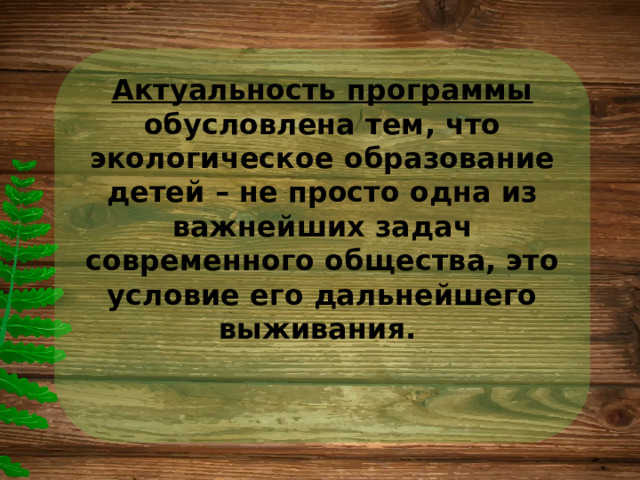 Актуальность программы обусловлена тем, что экологическое образование детей – не просто одна из важнейших задач современного общества, это условие его дальнейшего выживания. 