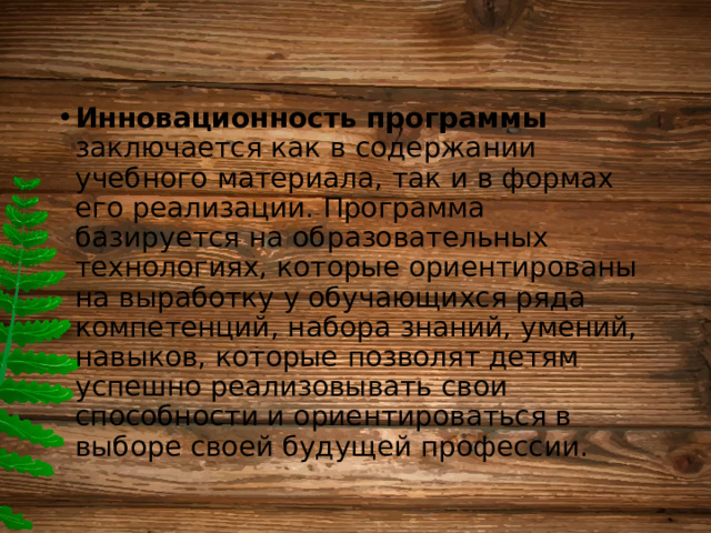 Инновационность программы заключается как в содержании учебного материала, так и в формах его реализации. Программа базируется на образовательных технологиях, которые ориентированы на выработку у обучающихся ряда компетенций, набора знаний, умений, навыков, которые позволят детям успешно реализовывать свои способности и ориентироваться в выборе своей будущей профессии. 