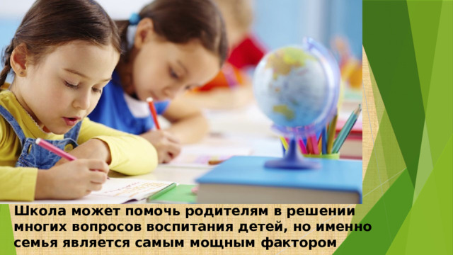 Школа может помочь родителям в решении многих вопросов воспитания детей, но именно семья является самым мощным фактором воспитания. 