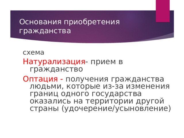 Основания приобретения гражданства схема Натурализация - прием в гражданство Оптация - получения гражданства людьми, которые из-за изменения границ одного государства оказались на территории другой страны (удочерение/усыновление) 