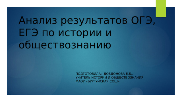 Анализ результатов ОГЭ, ЕГЭ по истории и обществознанию   Подготовила: Добдонова Е.Б., учитель истории и обществознания МАОУ «Бургуйская СОШ» 