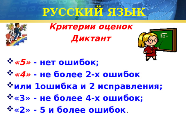 РУССКИЙ ЯЗЫК Критерии оценок Диктант  «5» - нет ошибок; «4» - не более 2-х ошибок или 1ошибка и 2 исправления; «3» - не более 4-х ошибок; «2» - 5 и более ошибок . 