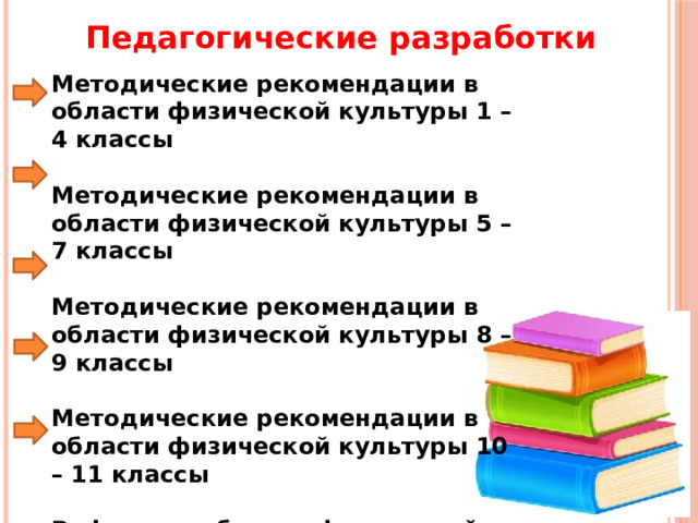 Педагогические разработки Методические рекомендации в области физической культуры 1 – 4 классы  Методические рекомендации в области физической культуры 5 – 7 классы  Методические рекомендации в области физической культуры 8 – 9 классы  Методические рекомендации в области физической культуры 10 – 11 классы  Реферат в области физической культуры 
