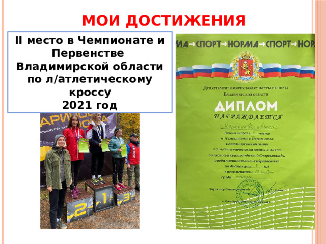 МОИ ДОСТИЖЕНИЯ II место в Чемпионате и Первенстве Владимирской области по л/атлетическому кроссу 2021 год 