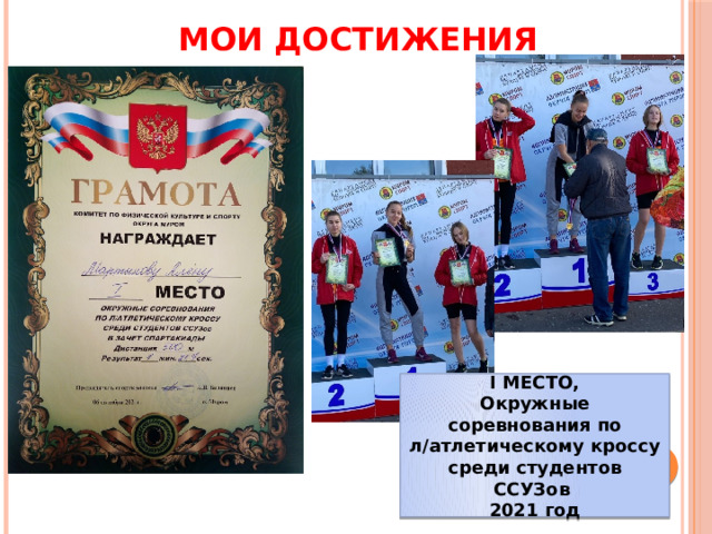 МОИ ДОСТИЖЕНИЯ I МЕСТО, Окружные соревнования по л/атлетическому кроссу среди студентов ССУЗов 2021 год 