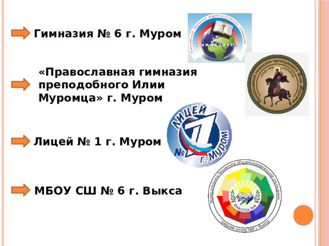 Гимназия № 6 г. Муром «Православная гимназия преподобного Илии Муромца» г. Муром Лицей № 1 г. Муром МБОУ СШ № 6 г. Выкса 