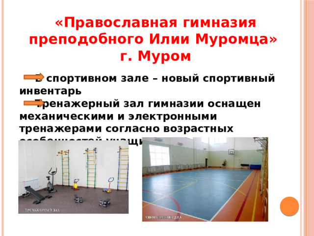 «Православная гимназия преподобного Илии Муромца» г. Муром  В спортивном зале – новый спортивный инвентарь  Тренажерный зал гимназии оснащен механическими и электронными тренажерами согласно возрастных особенностей учащихся 