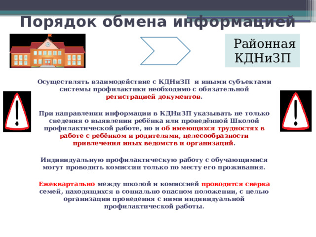 Порядок обмена информацией  Районная КДНиЗП  Районная КДНиЗП Осуществлять взаимодействие с КДНиЗП и иными субъектами системы профилактики необходимо с обязательной регистрацией документов .  При направлении информации в КДНиЗП указывать не только сведения о выявлении ребёнка или проведённой Школой профилактической работе, но и об имеющихся трудностях в работе с ребёнком и родителями, целесообразности привлечения иных ведомств и организаций .  Индивидуальную профилактическую работу с обучающимися могут проводить комиссии только по месту его проживания.  Ежеквартально между школой и комиссией проводится сверка семей, находящихся в социально опасном положении, с целью организации проведения с ними индивидуальной профилактической работы.   