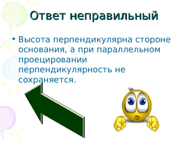Ответ неправильный Высота перпендикулярна стороне основания, а при параллельном проецировании перпендикулярность не сохраняется. 
