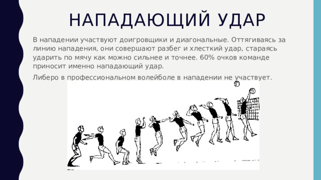 Нападающий удар В нападении участвуют доигровщики и диагональные. Оттягиваясь за линию нападения, они совершают разбег и хлесткий удар, стараясь ударить по мячу как можно сильнее и точнее. 60% очков команде приносит именно нападающий удар. Либеро в профессиональном волейболе в нападении не участвует. 
