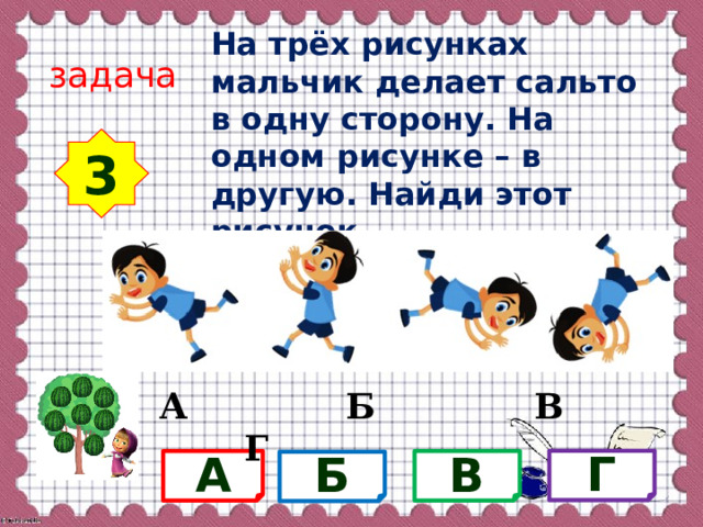 На трёх рисунках мальчик делает сальто в одну сторону. На одном рисунке – в другую. Найди этот рисунок. задача 3 А Б В Г Г А В Б 