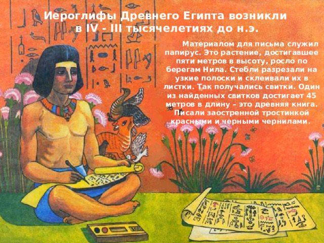 Иероглифы Древнего Египта возникли в IV - III тысячелетиях до н.э.  Материалом для письма служил папирус. Это растение, достигавшее пяти метров в высоту, росло по берегам Нила. Стебли разрезали на узкие полоски и склеивали их в листки. Так получались свитки. Один из найденных свитков достигает 45 метров в длину – это древняя книга. Писали заостренной тростинкой красными и черными чернилами. 