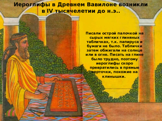 Иероглифы в Древнем Вавилоне возникли в IV тысячелетии до н.э..  Писали острой палочкой на сырых мягких глиняных табличках, т.к. папируса и бумаги не было. Таблички затем обжигали на солнце или в огне. Писать на глине было трудно, поэтому иероглифы скоро превратились в прямые черточки, похожие на клинышки.  