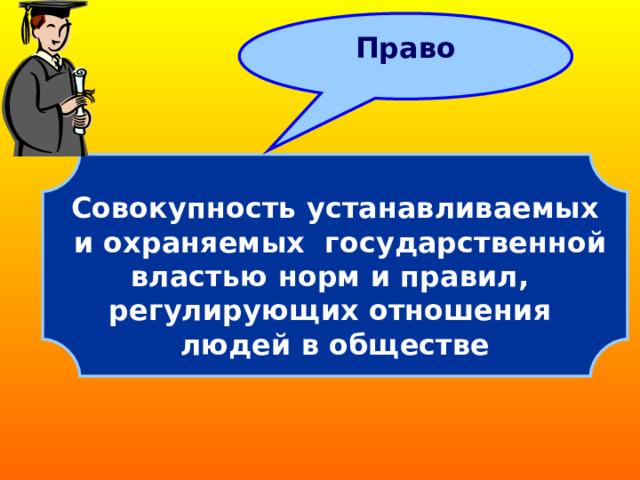 Право  Совокупность устанавливаемых  и охраняемых государственной властью норм и правил, регулирующих отношения людей в обществе 
