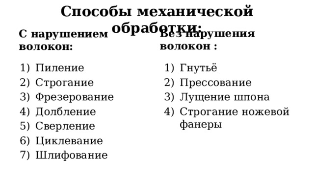 Способы механической обработки: Без нарушения волокон : С нарушением волокон: Пиление Строгание Фрезерование Долбление Сверление Циклевание Шлифование  Гнутьё Прессование Лущение шпона Строгание ножевой фанеры 