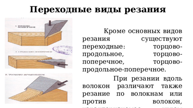 Переходные виды резания  Кроме основных видов резания существуют переходные: торцово-продольное, торцово-поперечное, торцово-продольное-поперечное.  При резании вдоль волокон различают также резание по волокнам или против волокон, характеризуемое углом встречи резца с волокнами. 