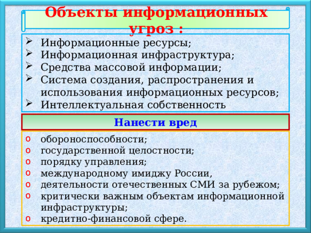 Объекты информационных угроз : Информационные ресурсы; Информационная инфраструктура; Средства массовой информации; Система создания, распространения и использования информационных  ресурсов; Интеллектуальная собственность Нанести вред обороноспособности; государственной целостности; порядку управления; международному имиджу России, деятельности отечественных СМИ за рубежом; критически важным объектам информационной инфраструктуры; кредитно-финансовой сфере. 
