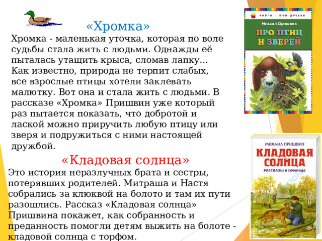 «Хромка» Хромка - маленькая уточка, которая по воле судьбы стала жить с людьми. Однажды её пыталась утащить крыса, сломав лапку… Как известно, природа не терпит слабых, все взрослые птицы хотели заклевать малютку. Вот она и стала жить с людьми. В рассказе «Хромка» Пришвин уже который раз пытается показать, что добротой и лаской можно приручить любую птицу или зверя и подружиться с ними настоящей дружбой. «Кладовая солнца» Это история неразлучных брата и сестры, потерявших родителей. Митраша и Настя собрались за клюквой на болото и там их пути разошлись. Рассказ «Кладовая солнца» Пришвина покажет, как собранность и преданность помогли детям выжить на болоте - кладовой солнца с торфом. 
