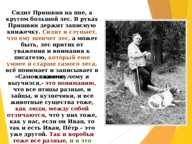 С идит Пришвин на пне, а кругом большой лес. В руках Пришвин держит записную книжечку. Сидит и слушает, что ему шепчет лес, а может быть, лес притих от уважения и внимания к писателю , который еще умнее и старше самого леса, вс ё понимает и записывает в книжечку . «Самое главное, чему я выучился,- это пониманию, что все птицы разные, и зайцы, и кузнечики, и все животные существа тоже, как люди, между собой отличаются, что у них тоже, как у нас, если он Иван, то так и есть Иван, Пётр – это уже другой. Так и воробьи тоже все разные,  и я это вижу, и это главное, чему я выучился» 